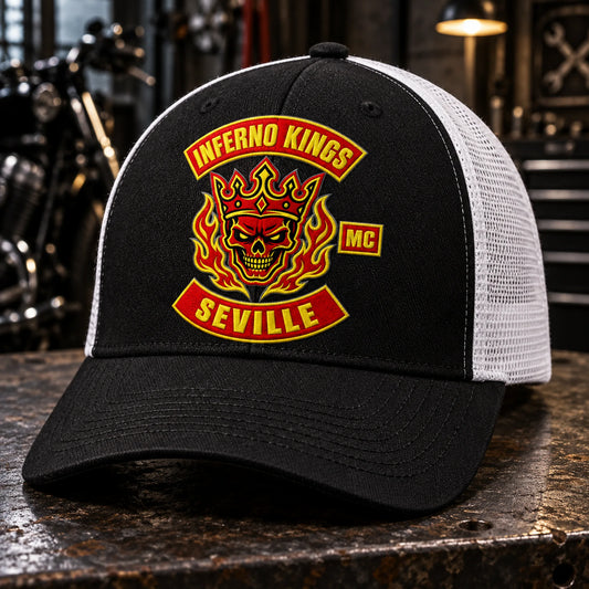 Custom black / white motorcycle club baseball cap with a distinct authorized embroidered club logo.