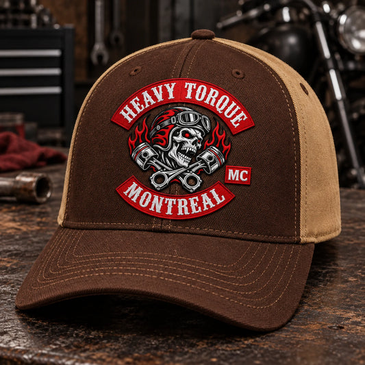 Custom brown / tan motorcycle club baseball cap with a distinct authorized embroidered club logo.