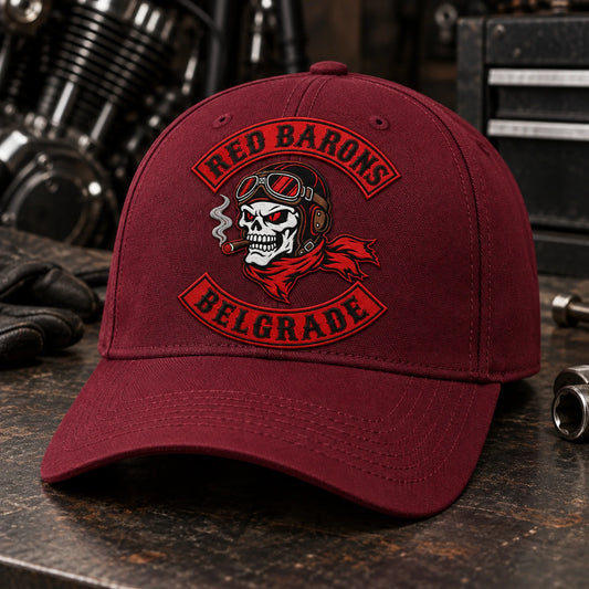 Custom burgundy motorcycle club baseball cap with a distinct authorized embroidered club logo.