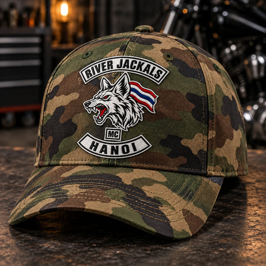 Custom camo motorcycle club baseball cap with a distinct authorized embroidered club logo.