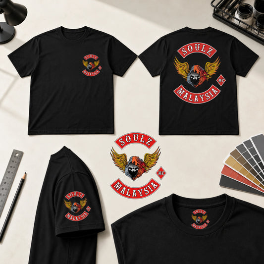 Front, back, chest, sleeve and neck placement plan for a Soulz MC Malaysia short-sleeve T-shirt.