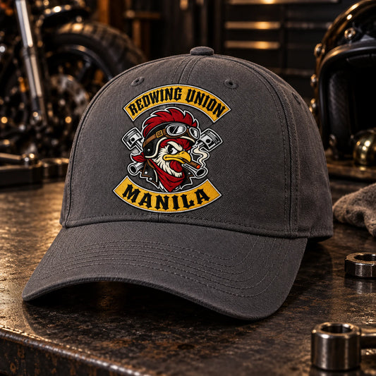 Custom dark grey motorcycle club baseball cap with a distinct authorized embroidered club logo.