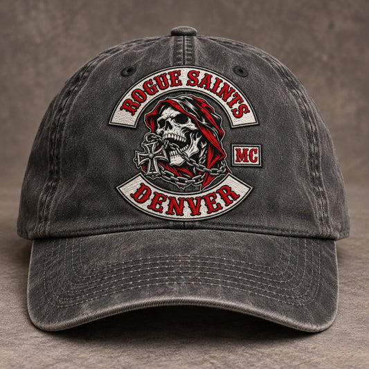 light vintage wash motorcycle club vintage dad hat with an authorized club logo.