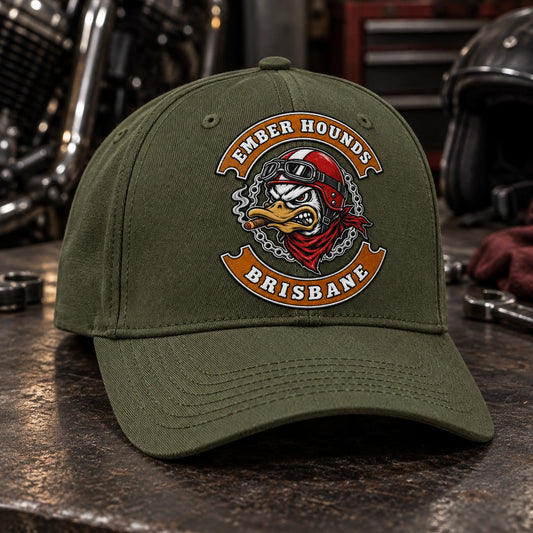 Custom military green motorcycle club baseball cap with a distinct authorized embroidered club logo.