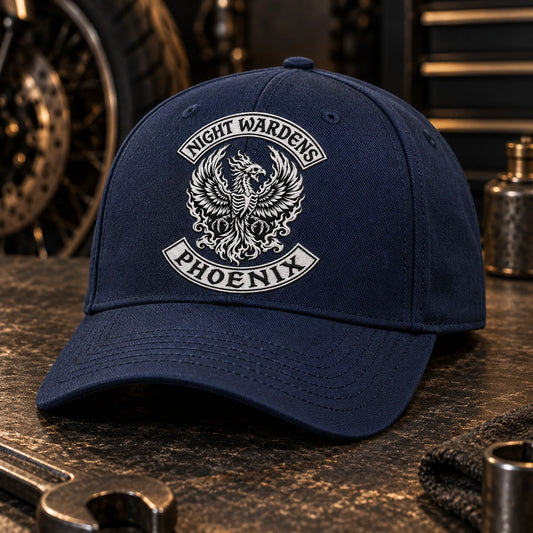Custom navy motorcycle club baseball cap with a distinct authorized embroidered club logo.