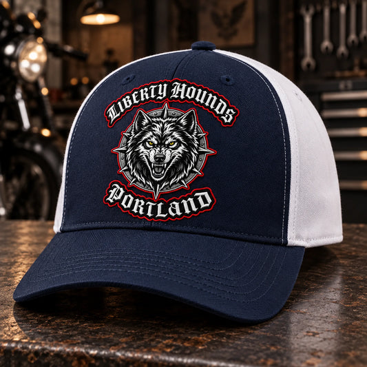 Custom navy / white motorcycle club baseball cap with a distinct authorized embroidered club logo.