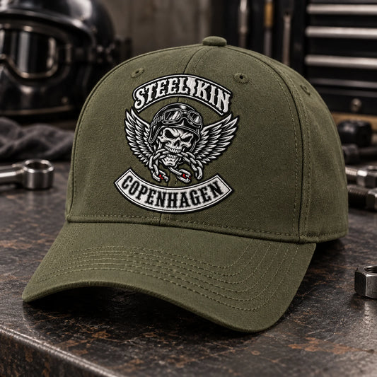 Custom olive motorcycle club baseball cap with a distinct authorized embroidered club logo.