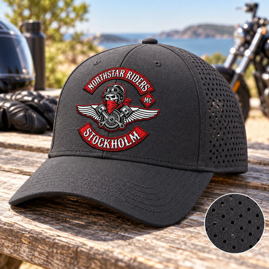 Northstar Riders motorcycle club logo embroidered on a lightweight performance cap with breathable perforated side panels.