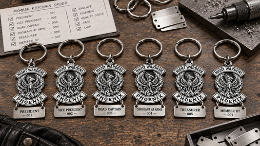 Personalized motorcycle club keychains sharing one authorized logo with different member names and positions.