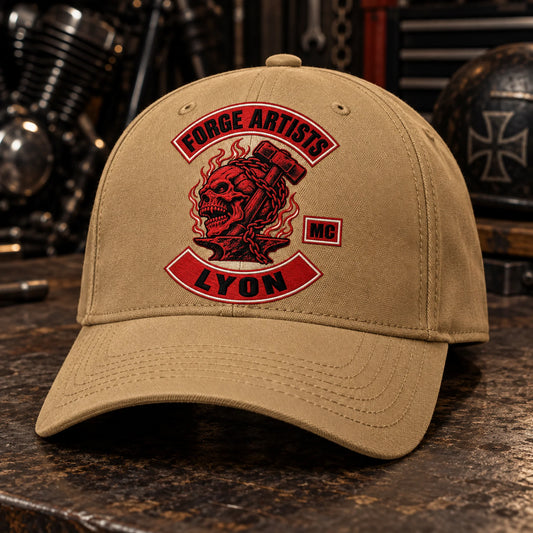 Custom tan motorcycle club baseball cap with a distinct authorized embroidered club logo.