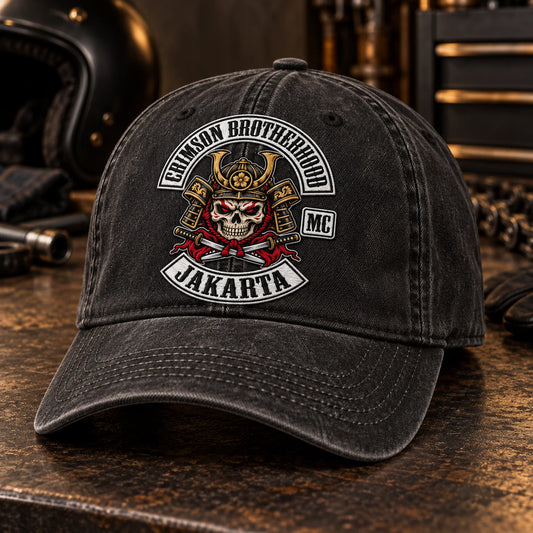 Custom washed black motorcycle club baseball cap with a distinct authorized embroidered club logo.