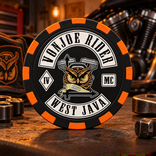 Solid black and orange motorcycle club poker chip with a complete visible rim.