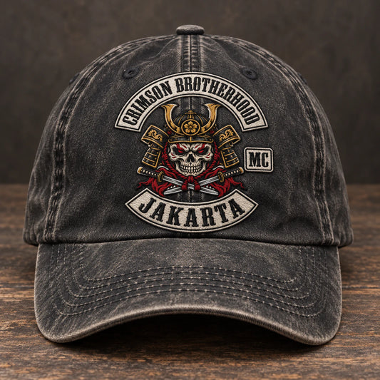 heavy vintage wash motorcycle club vintage dad hat with an authorized club logo.