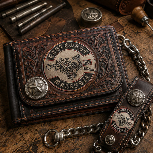 Tooled leather motorcycle club wallet with an authorized logo and a decorative antique metal concho.