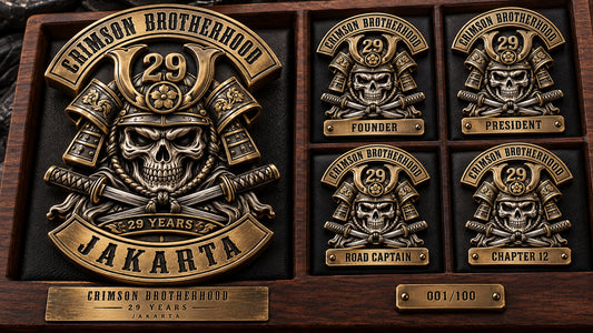 Custom one club design adapted for members, officers and chapters. rendered as a logo-derived brass and 925 sterling silver anniversary badge.