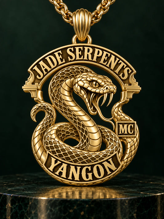 Founder-style solid 18K gold Jade Serpents Yangon motorcycle club pendant with a sculptural serpent perimeter and matching chain.