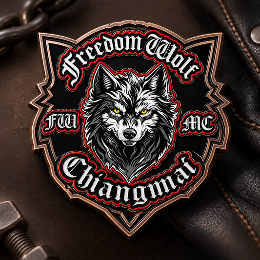 Antique copper motorcycle club enamel pin; non-circular angular wolf crest shape with a solid one-piece metal backplate.