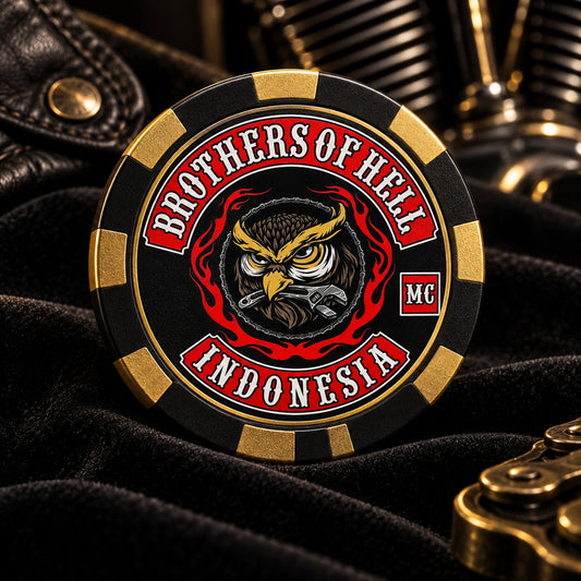 Solid black and gold anniversary poker chip for a motorcycle club collector series.