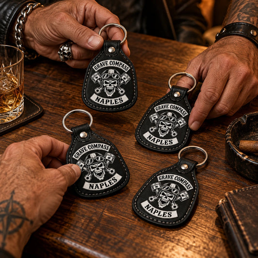 Matching leather motorcycle club keychains with an authorized logo prepared for active club members.