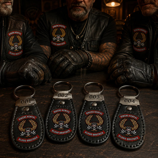Matching leather motorcycle club keychains with an authorized logo prepared for active club members.