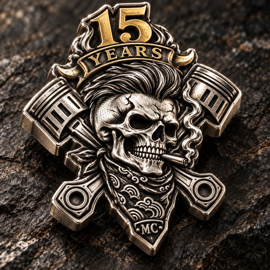 Custom traditional raised and recessed die-struck metal. rendered as a logo-derived 925 sterling silver and 18k gold anniversary badge.