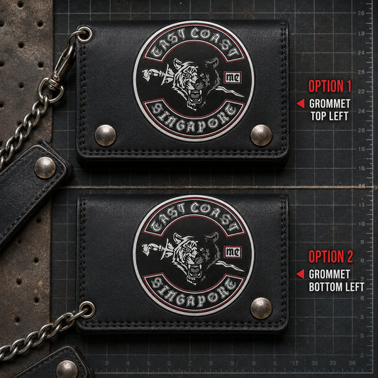 Two custom motorcycle club wallets with an authorized logo showing alternate chain attachment positions.