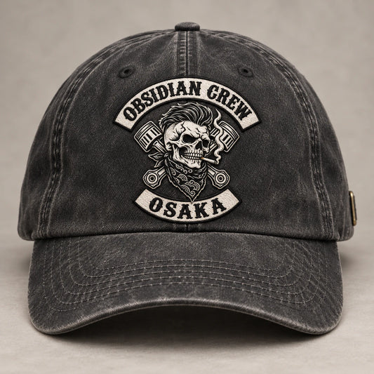 pigment wash motorcycle club vintage dad hat with an authorized club logo.