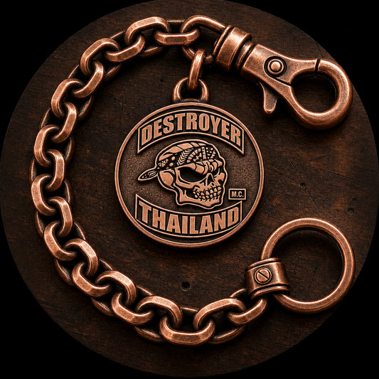 Copper chain character featuring an authorized motorcycle club logo.