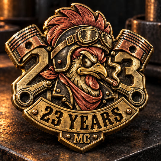 Custom textured soft enamel with raised metal borders. rendered as a logo-derived brass and red copper anniversary badge.