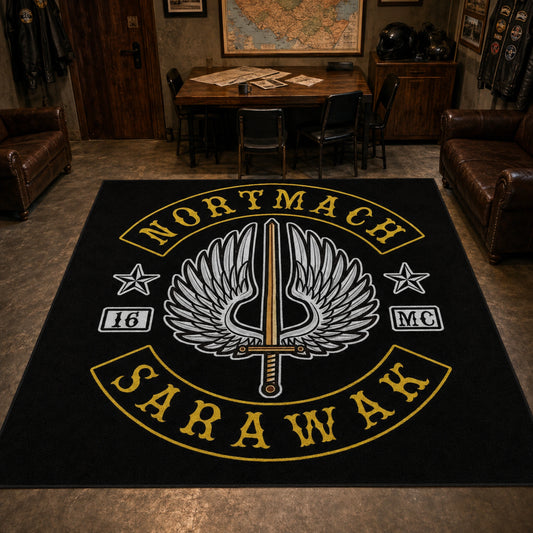 A custom motorcycle club rug displays approved chapter name and location artwork.