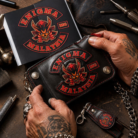 Authorized motorcycle club artwork beside a finished custom leather wallet carrying the same club identity.