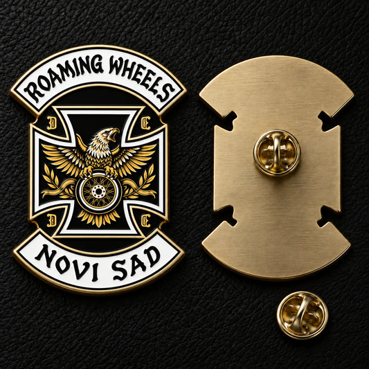 Roaming Wheels motorcycle club pin shown front and back with a metal post and butterfly clutch.