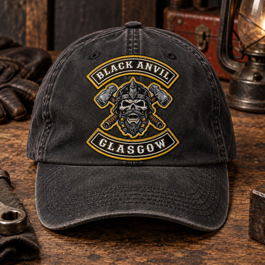flat embroidery motorcycle club vintage dad hat with an authorized club logo.
