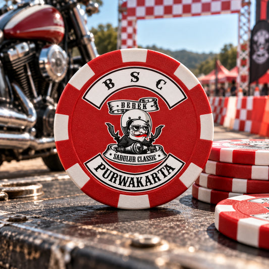 Solid red and white checkpoint poker chip with clear motorcycle club artwork.