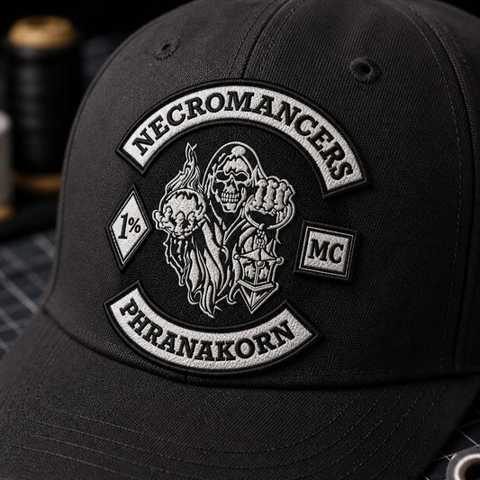 Detailed woven patch based on an authorized motorcycle club logo on a charcoal cap.