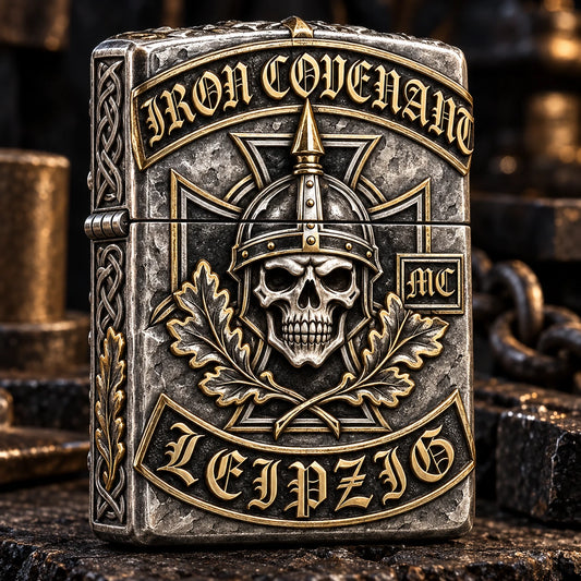 Iron Covenant motorcycle club lighter with sculptural silver armor and selective 18K gold-plated highlights.