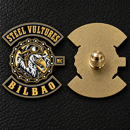 Steel Vultures motorcycle vest pin shown from the front and rear with an attached locking clutch.