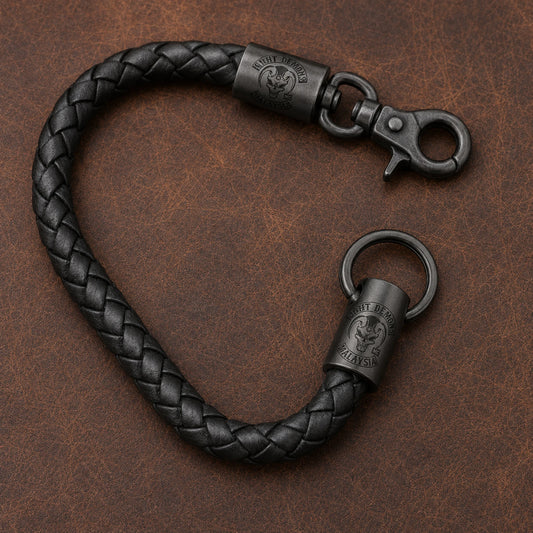 Leather and metal chain character featuring an authorized motorcycle club logo.