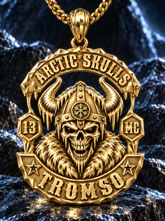 Special-run solid 18K gold Arctic Skulls Tromso motorcycle club pendant with a horn-and-snowflake crown structure and matching chain.