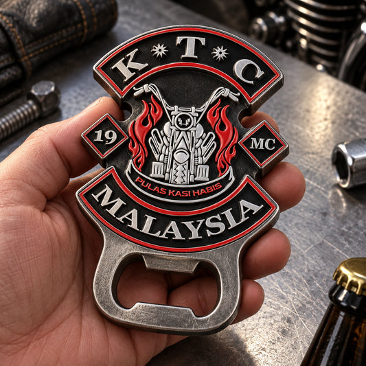 Solid custom motorcycle club bottle opener with deep three-dimensional sculpted relief.