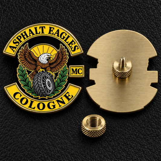 Asphalt Eagles Cologne enamel pin shown front and back with a threaded post and knurled screw-back nut.