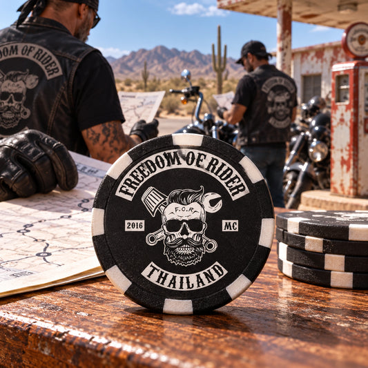 Riders using solid custom poker-run chips at a desert route checkpoint.