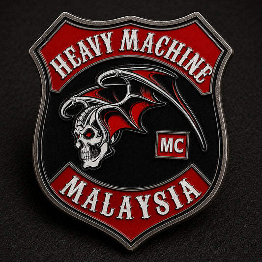 Mechanical screw back on a motorcycle vest pin; non-circular pentagonal road shield shape with a solid one-piece metal backplate.