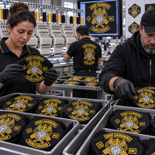 Bulk order of fictional motorcycle club diamond patches arranged in production trays.