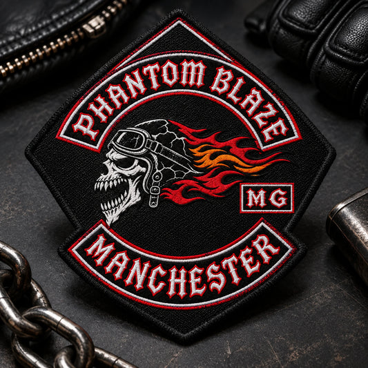 Black embroidered diamond patch with fictional club initials and a cream merrowed border.