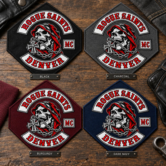 Diamond patch samples comparing black, charcoal, burgundy and navy backgrounds for a motorcycle club.