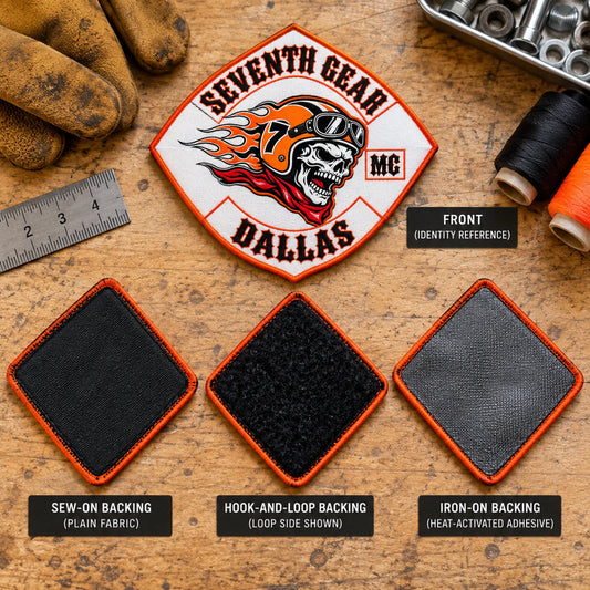 Three diamond patches shown from the back with sew-on, hook-and-loop and iron-on finishes for a motorcycle club.