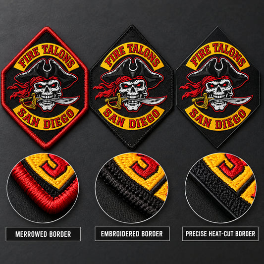 Close-up comparison of merrowed, embroidered and heat-cut diamond patch borders for a motorcycle club.
