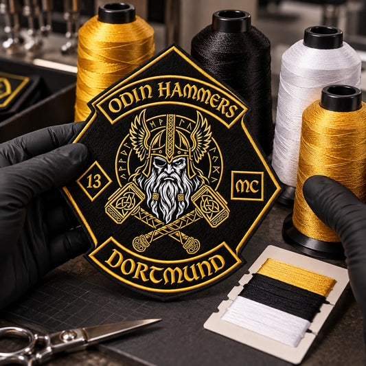 Diamond patch being color matched against red, cream, gold and black embroidery threads for a motorcycle club.