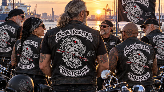 International motorcycle club members wearing coordinated diamond patches at a harbor-side meetup.